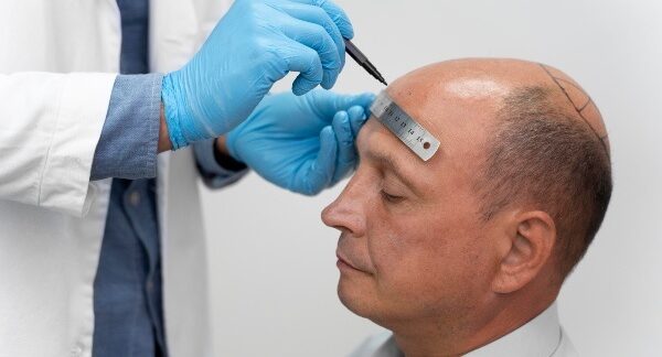 melhores clínicas de cabelo FUE no Brasil - Tricologista desenhando o projeto de um transplante capilar na cabeça de um paciente