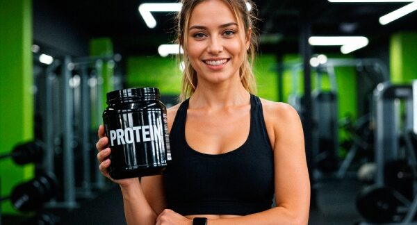 marcas de whey - Mulher mostrando um frasco de suplementos alimentares para melhorar o desempenho esportivo